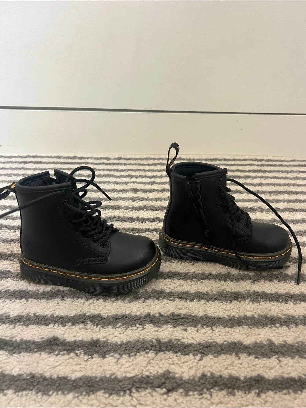 Dr. Martens Black Kids Lace-Up Boots with Yellow Stitching - NWT